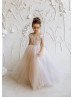 Cap Sleeves Lace Tulle Flower Girl Dress With Train